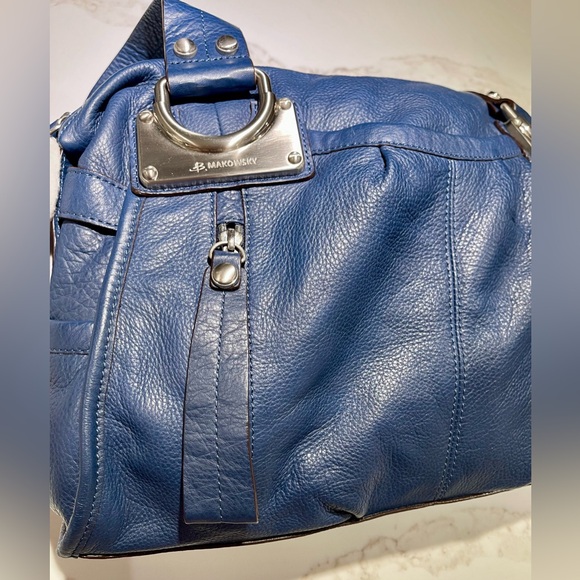 B. MAKOWSKY Large Navy East/West Glove Leather Hobo Leopard Lining Bag A93783 - Picture 3 of 15